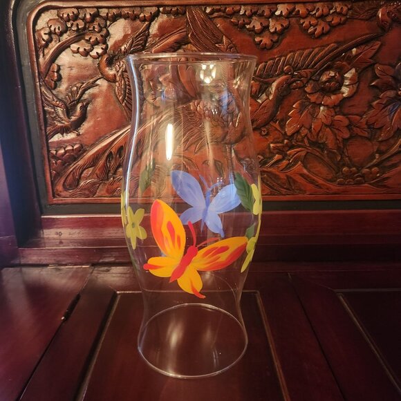 Hand Painted Glass Hurricane Candle Holder with Butterflies & Flowers 11" H - Picture 1 of 11